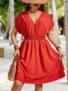 Calvaya 大尺碼純色蝙蝠袖縮腰連身裙 - 紅色 - 查看 3