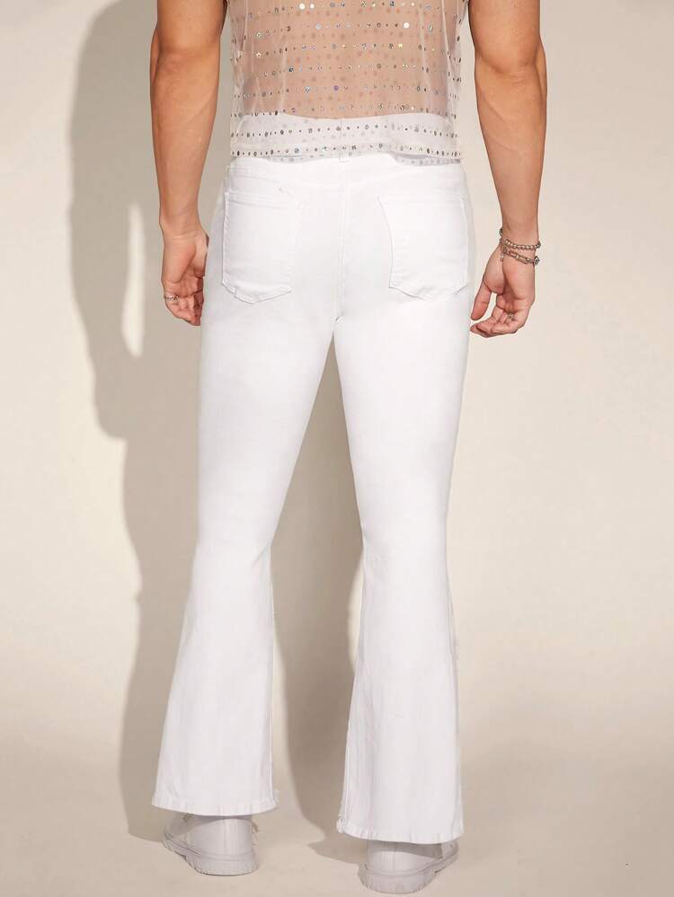 Men's Solid Color Distressed Slit Frayed Hem Skinny Jeans