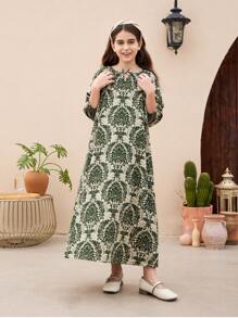 SHEIN 青少女鬆身可愛校園風圓領系帶和蝴蝶結細節中長連衣裙,適合日常穿著 - 綠色 - 查看 3