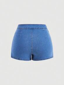 SHEIN MOD Women's Denim Skorts With Ruffle Hem - Medium Wash - View 2