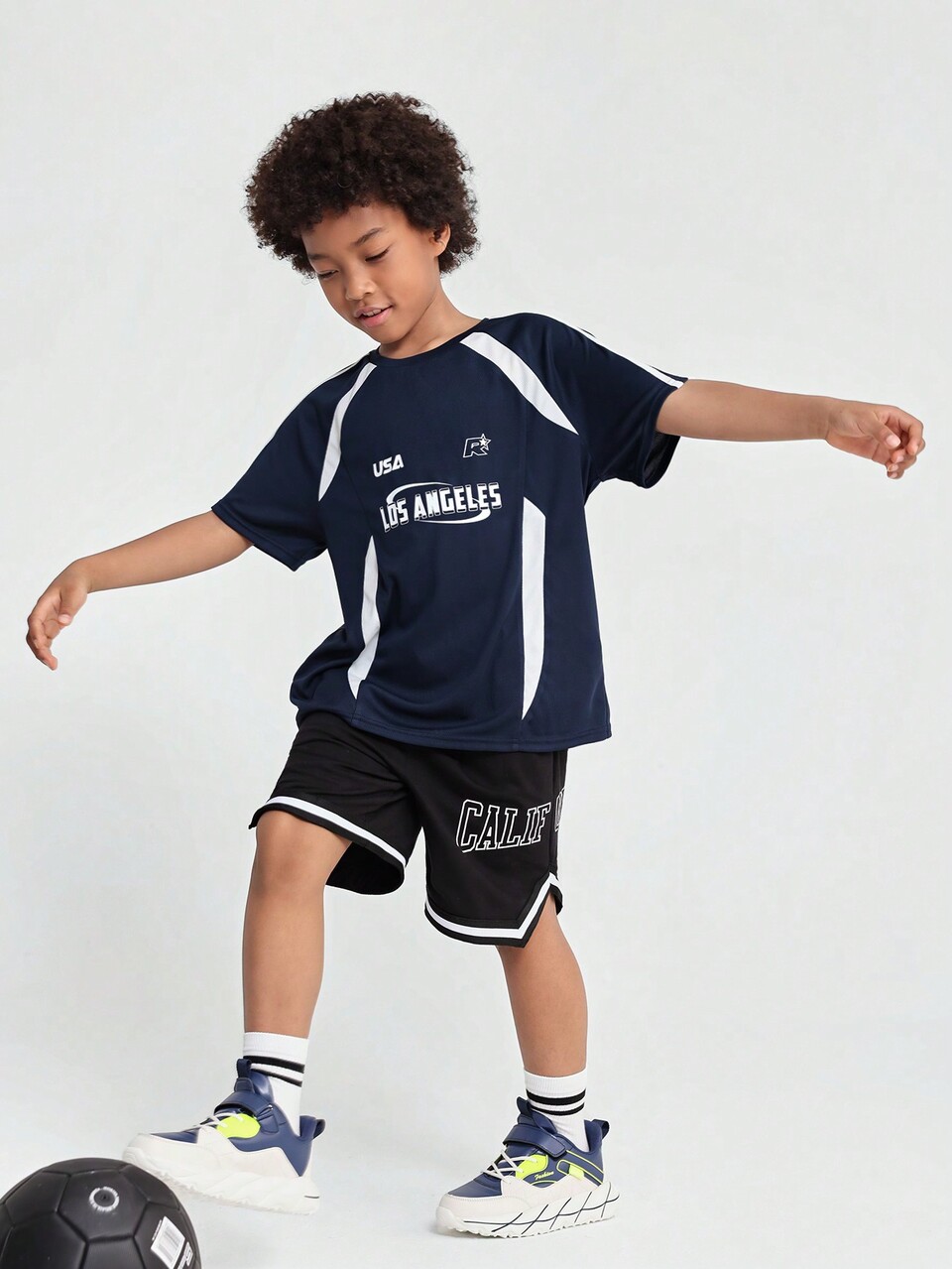 Tween Boy Knitted Mesh Splice Color Letter Print Loose Fit Sports Short Sleeve T-Shirt