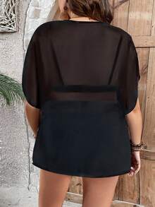 SHEIN Holidaya 大碼圓領透薄寬鬆蝙蝠袖襯衫 - 黑色 - 查看 2