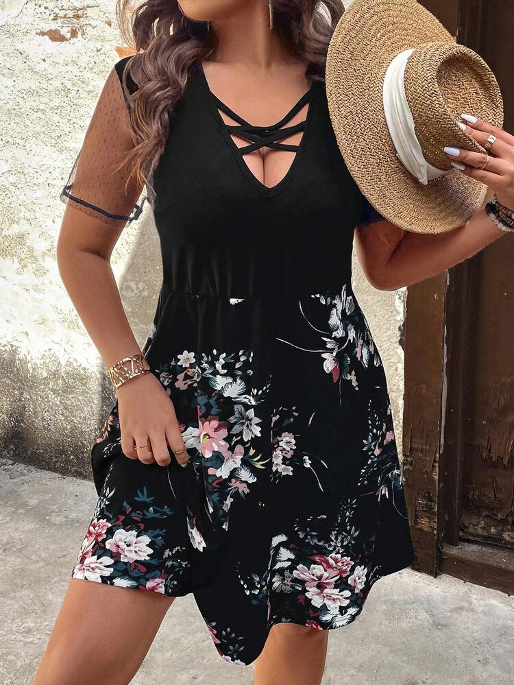Plus Size Floral Printed Mesh Contrast Short Sleeve Hollow Out Neckline Dress