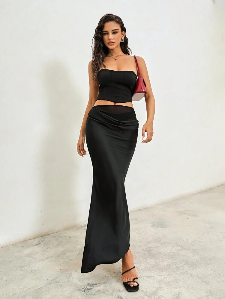 Paneled Mesh Layered Casual Skirt With Mermaid Hem