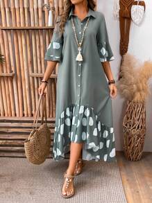 SHEIN LUNE Ladies' Polka Dot Printed Ruffle Sleeve Dress - Green - View 3