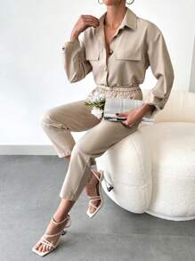 EURMUSE Ladies' Solid Color Decorative Flip Collar Shirt And Pants Two-Piece Set - Beige - View 5