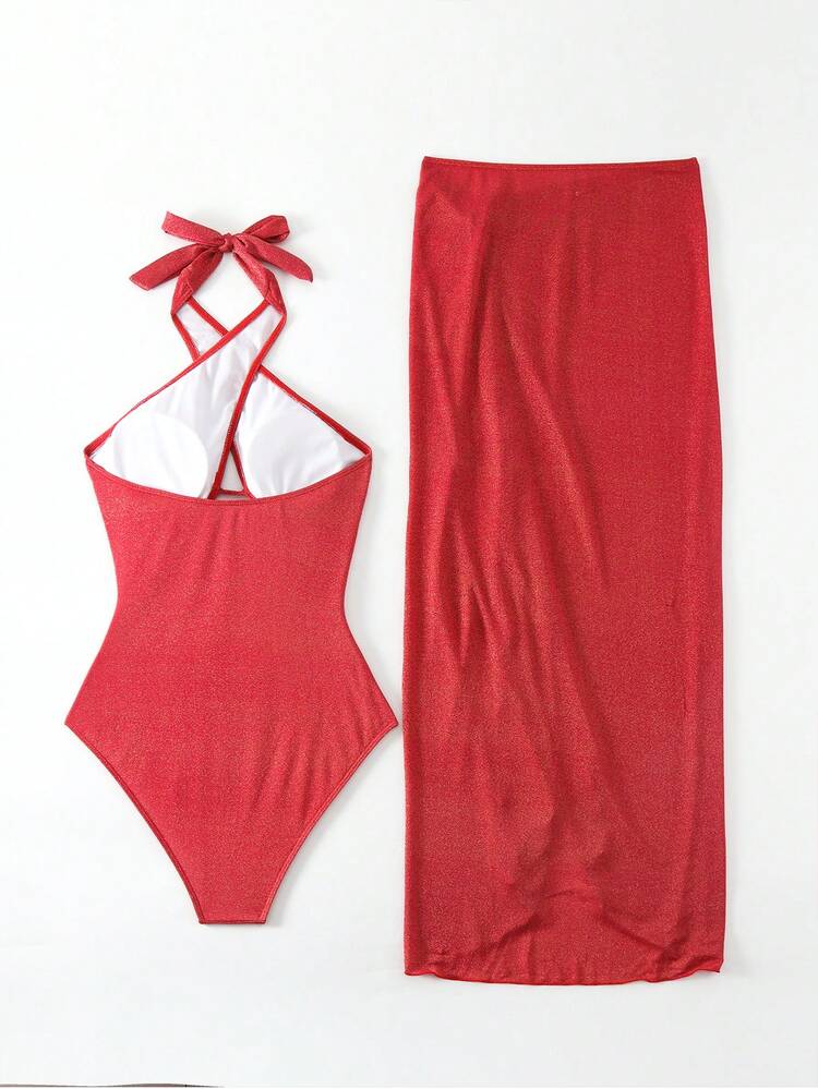 Ladies' Hollow Out Cross Front Halter One Piece Swimsuit Summer