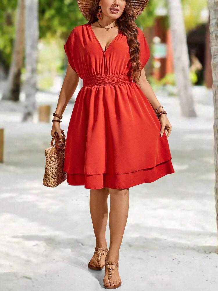 Plus Size Solid Color Batwing Sleeve Gathered Waist Dress