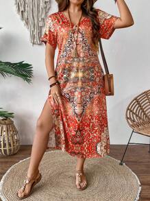 EMERY ROSE Kích thước lớn Của phụ nữ In Hoa Bên Khe Ngắn tay Đầm - Nhiều màu - Xem 3