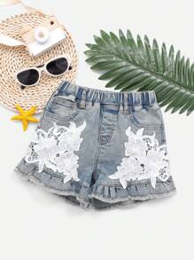 Pantalones Cortos De Mezclilla Elásticos De Cintura Elástica Con Dobladillo De Volantes Y Parches De Encaje En Estilo Vintage Para Niñas Jóvenes, Ropa Informal - Azul lavado oscuro - Ver 1