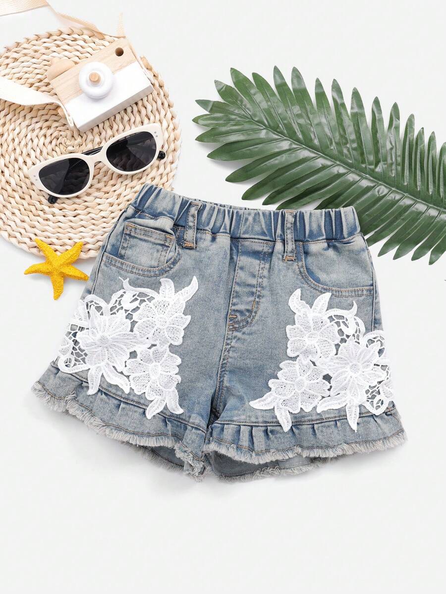 Pantalones Cortos De Mezclilla Elásticos De Cintura Elástica Con Dobladillo De Volantes Y Parches De Encaje En Estilo Vintage Para Niñas Jóvenes, Ropa Informal - Azul lavado oscuro - Ver 1
