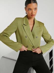 Hauture Pinstripe Double Breast Crop Long Sleeves Blazer - Olive Green - View 1