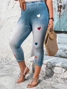 EMERY ROSE 大尺碼女士心形印花牛仔裝款3/4長度打底褲 - 藍色 - 查看 4