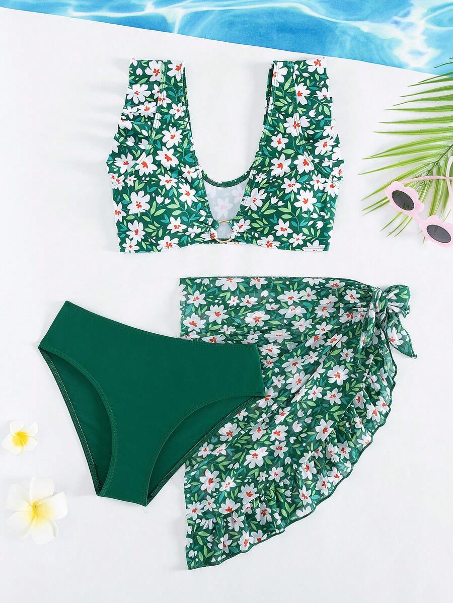 Conjunto de bikini con estampado floral para chica adolescente, playa de verano - Verde - Ver 1
