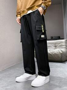 Men's Letter Patchwork Drawstring Waist Cargo Pants - Black - View 4