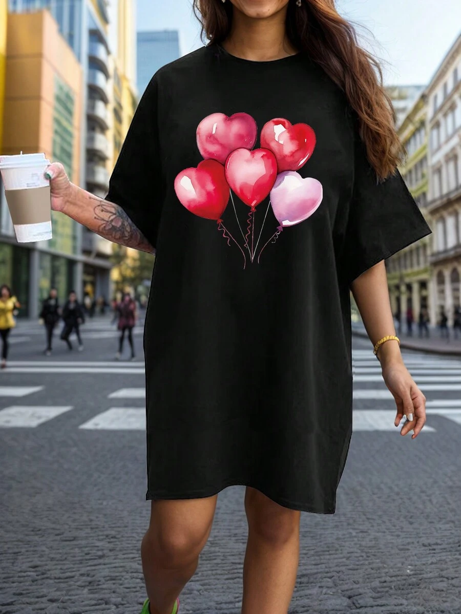 Flirla Plus Size Balloon Printed Short Sleeve T-Shirt Dress - Black - View 1
