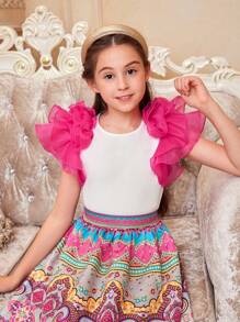 SHEIN 適合青少女的圓領3D波浪袖襯衫和原色印花中長裙套裝 - 粉色 - 查看 1