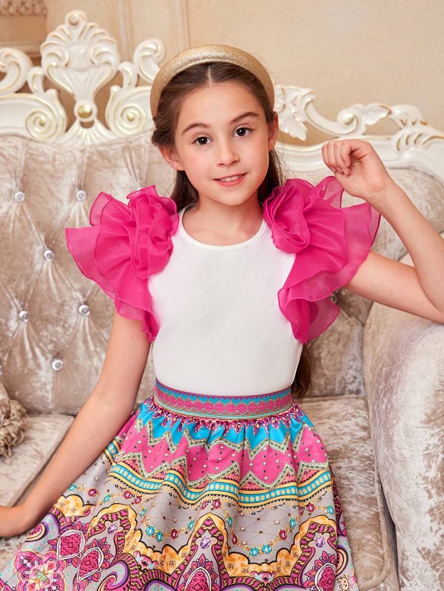 SHEIN 適合青少女的圓領3D波浪袖襯衫和原色印花中長裙套裝 - 粉色 - 查看 1