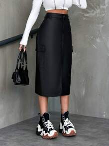 EURMUSE Women's Denim Skirt With Side Slit Hem - Black - View 7