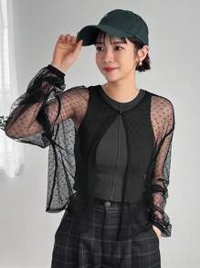 FRIFUL Women's Sheer Mesh Split Hem Shirt