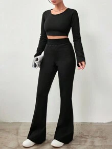 EURMUSE Round Neck Long Sleeve Cropped T-Shirt And Flared Pants Set - Black - View 5