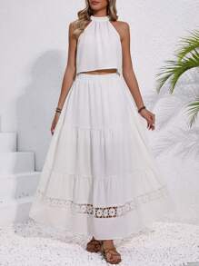 Chiquease 純色露肩背心短上衣&蕾絲拼接裙子套裝 - 白色 - 查看 6