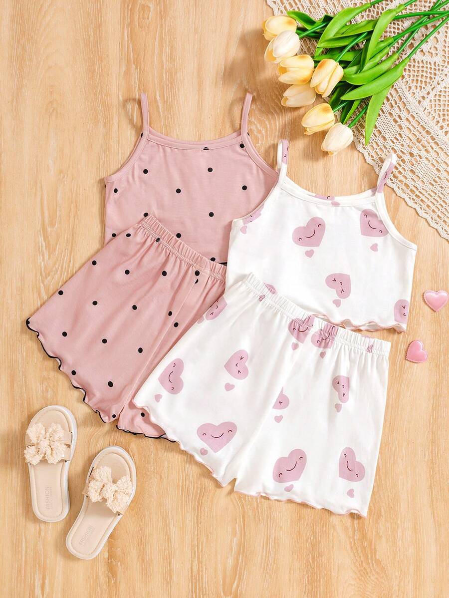 SHEIN 4pcs/Set Young Girls' Cute Rabbit Pattern Knit Pajama Set, Camisole And Shorts - Pink - View 1