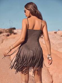 RELISH NOLESS 西部风女式牛仔装波西米亚嬉皮士复古波西米亚节日绒面流苏连衣裙 - 巧克力棕 - 查看 3