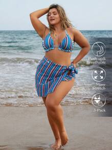 SHEIN Swim Curve Plus Size Color Blocked Striped Swimwear Set, String Bikini Bikini Set Bathing Suit Beach Outfit GRANDPACORE Summer Vacation Bestie Matching Set