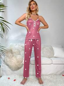 Heart-Shaped Print Lace Trimmed Cami And Long Pants Pajama Set