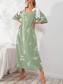 SHEIN Unity Floral Printed Open Shoulder Loose Nightgown Long Dress - Lime Green - View 6