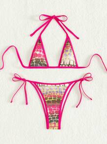 Swim SXY Conjunto de bikini de verano con estampado y ribete contrastante para mujer - Multicolor - Ver 7