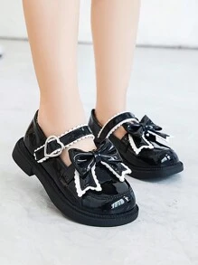 Children's Flat Shoes, Girls' Dance Shoes, Bowknot, Hook And Loop, Campus Shoes, Leather Shoes, Princess British Style Flats For Big Child - Black - View 1