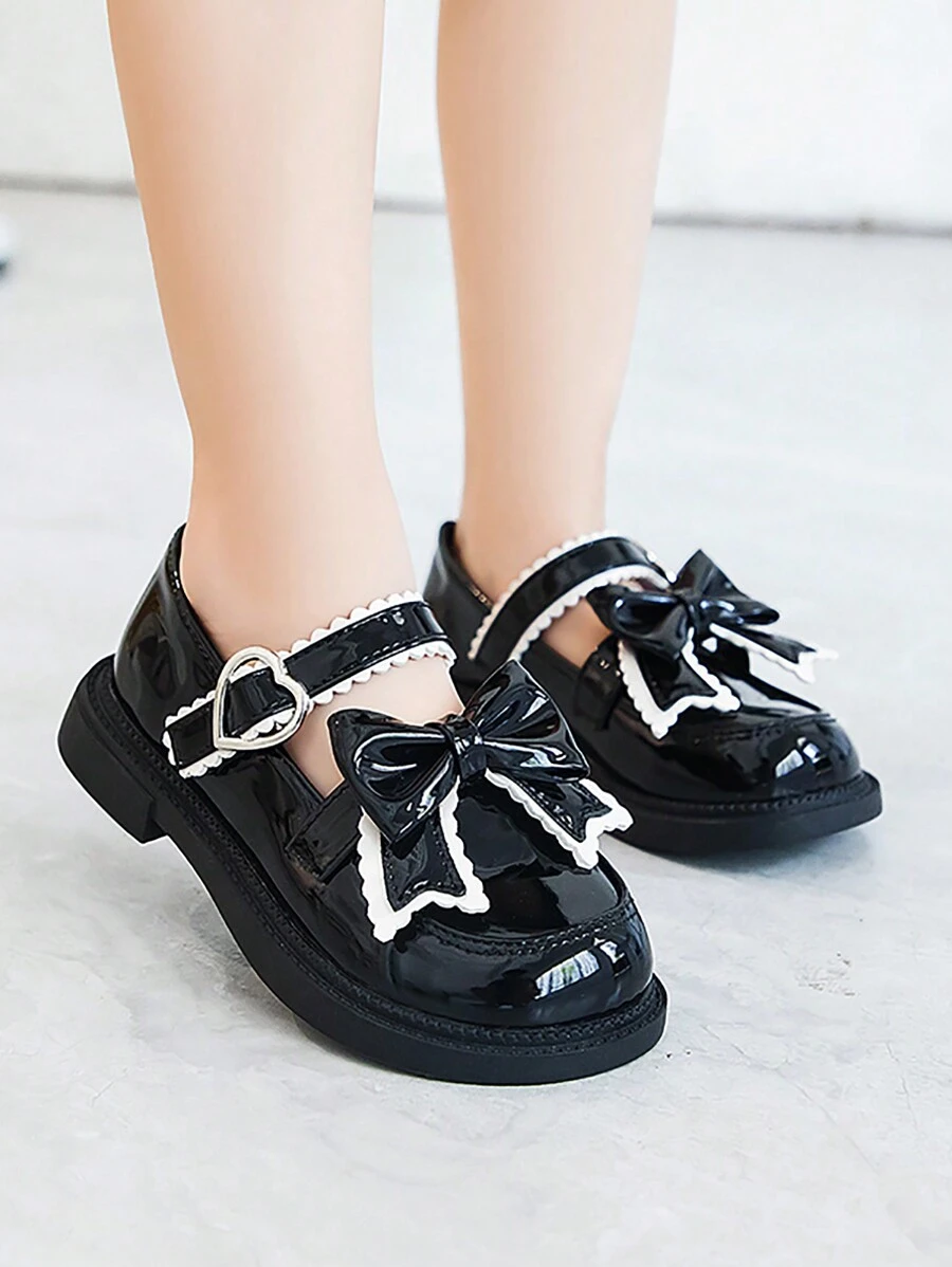 Children's Flat Shoes, Girls' Dance Shoes, Bowknot, Hook And Loop, Campus Shoes, Leather Shoes, Princess British Style Flats For Big Child - Black - View 1