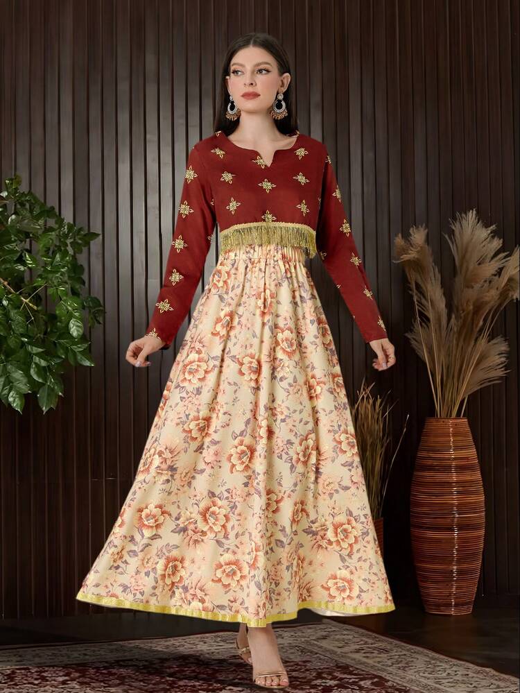 Women's 2pcs/Set Gold Foil Print Tassel Trim Long Sleeve Top With Belted Flower Print Skirt Fall Cloth For Women