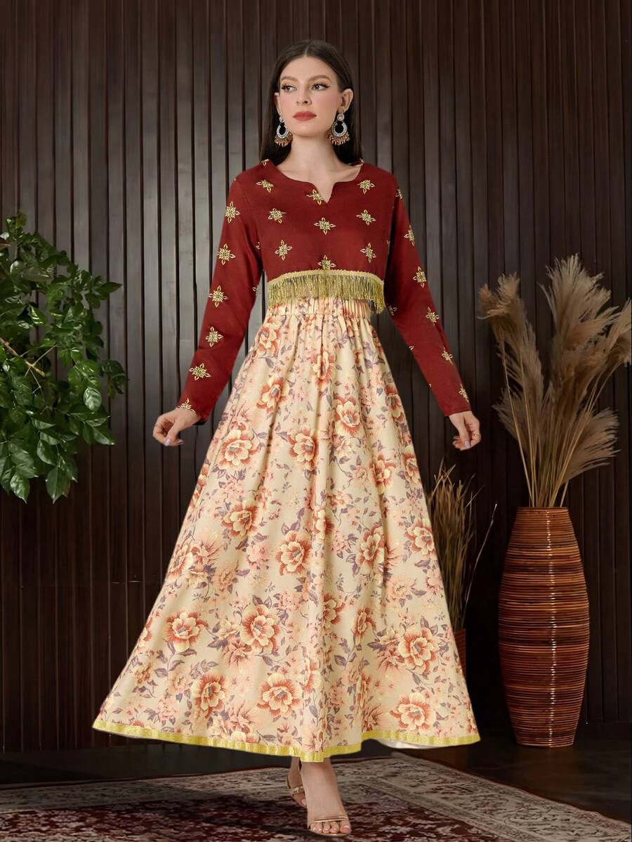 Của phụ nữ 2 cái/bộ Gold Foil In Trang chí tua cờ Tay áo dài Áo Với Thắt lưng In Hoa Váy - Nhiều màu - Xem 1