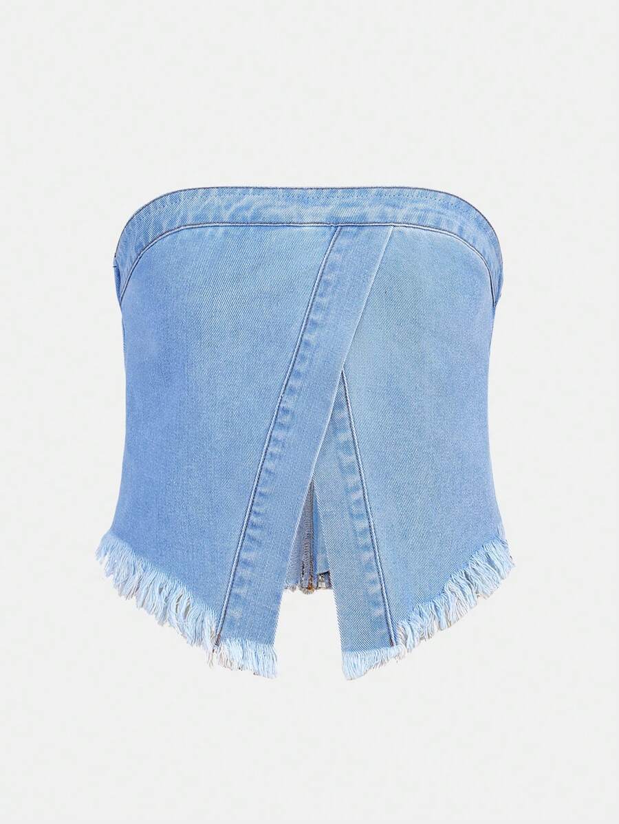 少女y2k街頭風格洗水丹寧無肩帶上衣