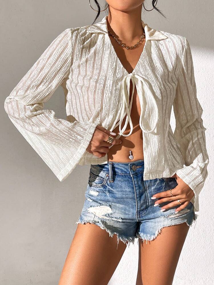 Ladies' French Style Long Sleeve Shirt With Front Tie Design Fall Cloth For Women
