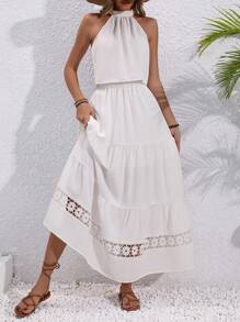 Chiquease 純色露肩背心短上衣&蕾絲拼接裙子套裝 - 白色 - 查看 7