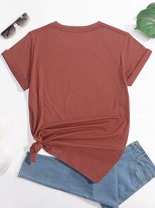 SHEIN EZwear Cartoon Cat Print Round Neck T-Shirt - Brown - View 2