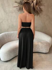 SHEIN SXY Beach;Women'S Front Knot Strapless Top And Pants Two Pieces Set  Spring Summer Women Clothes Bachelorette Party Spring Break Birthday Outfit Valentine Day Sexy Outfits - Black - View 4
