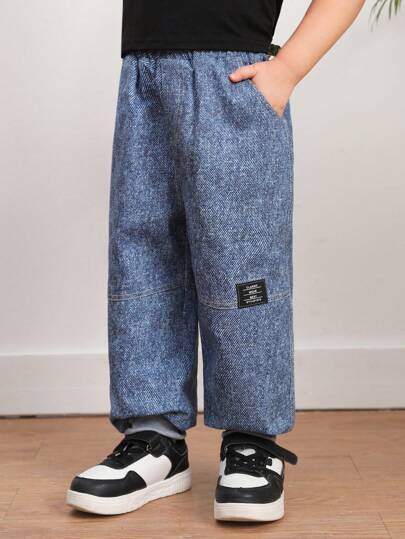 SHEIN 1 件装年轻男孩休闲抽绳腰带牛仔裤舒适长裤带装饰编织标签，适合春夏季学校、运动、派对、度假