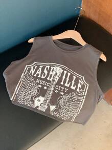 Comfortcana Women's Music Festival Guitar & Letter Print Crop Tank Top - Grey - View 4