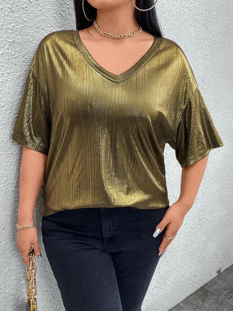 Golden Plus Size Women's V-Neck Loose Fit T-Shirt With Dropped Shoulder
