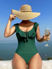 SHEIN Swim Zomerse effen kleur geplooide tankini badmode met driehoekige onderkant 2-delige set