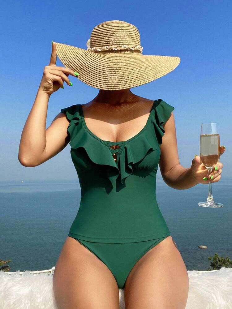 Summer Solid Color Ruffled Trim Tankini Swimwear With Triangle Bottom 2pcs Set