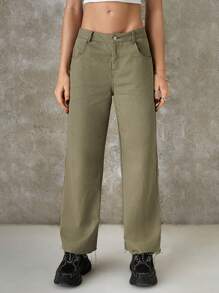 SHEIN EZwear 純色拼貼細節拉鍊門襟寬褲 - 軍綠色 - 查看 6