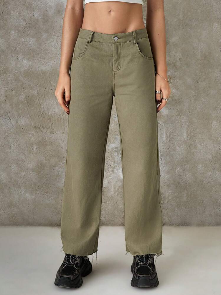Solid  Patched Detail  Zipper Fly Wide Leg Pants