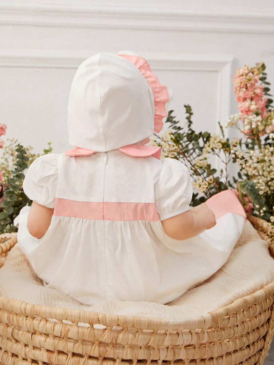 Newborn Baby Girl Contrast Color Peter Pan Collar Bubble Sleeve Dress With Hat 2pcs/Set
