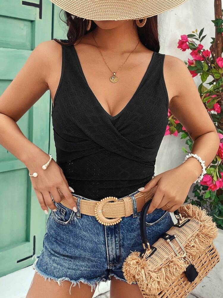 Summer  Ladies' Solid Color Cross Front Bodysuit Black Casual